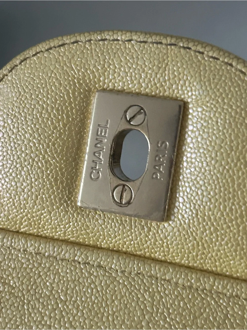 CHANEL 19S Jumbo Double Flap Quilted Caviar Handbag Iridescent Yellow / LGHW